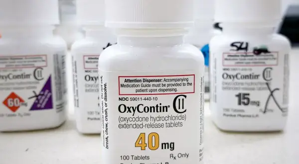Butelki leku OxyContin 40 mg i 15 mg, leku opioidowego stosowanego w leczeniu bólu.