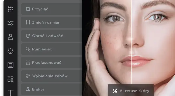 Edycja twarzy: po lewej niedoskonałości, po prawej gładka skóra dzięki AI retuszowi. Dostępne filtry do zdjęć: rumieniec, wybielanie zębów, efekty.