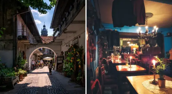 Kraków: urokliwa uliczka z kawiarnią i klimatyczny pub z kameralną atmosferą, idealne kraków atrakcje dla dorosłych.