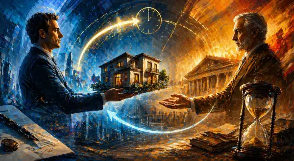 Due uomini si scambiano una casa, simboleggiando una vendita casa con riscatto. Un orologio e una clessidra indicano il tempo.