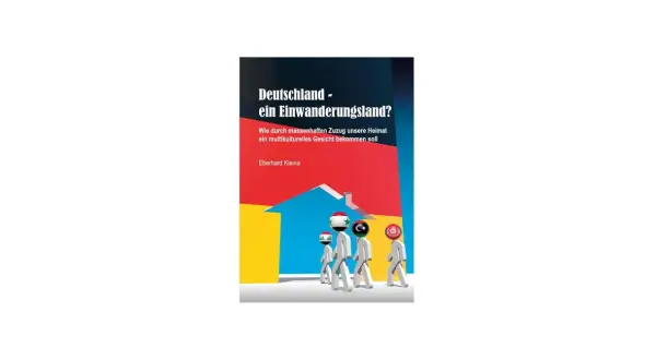 Buchcover "Deutschland - ein Einwanderungsland?". Zeigt Figuren mit Flaggenköpfen, die auf ein Haus zulaufen.