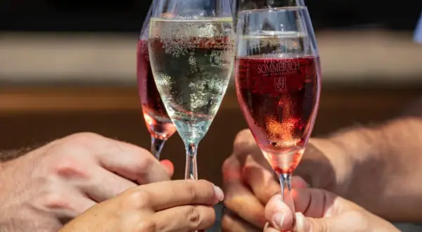 Brindisi con bollicine dorate e rosate, il champagne significato di festa e gioia.