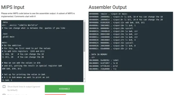 Interfejs MIPS Assembler z polem na kod i jego przetworzeniem. Widoczny jest kod w języku skryptowym MIPS i jego wynik.