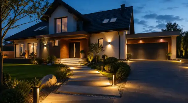 Nowoczesny dom z oświetleniem ip44 na zewnątrz. Podświetlana ścieżka prowadzi do drzwi, a lampy podkreślają architekturę i ogród.