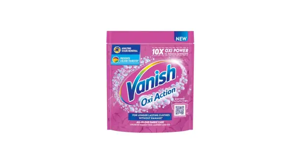 Opakowanie Vanish Oxi Action z różowym wzorem, bąbelkami i napisem "10X Oxi Power".
