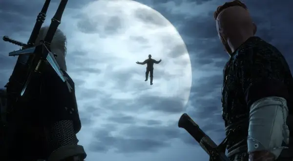Geralt i Dijkstra patrzą na unoszącą się postać. Czy to ten, kto sieje wiatr w Wiedźminie 3?