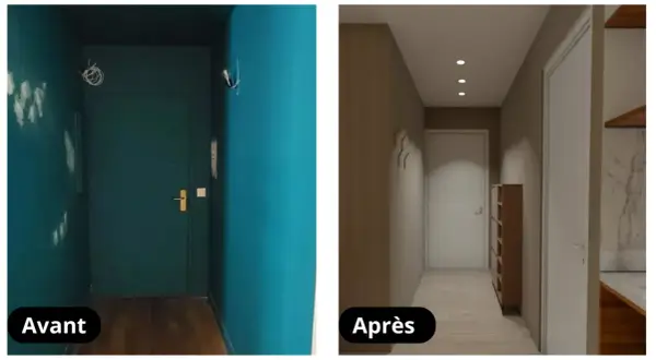 Avant/Après : un couloir étroit transformé. Le mur bleu vif laisse place à des tons neutres et apaisants, avec un éclairage moderne.