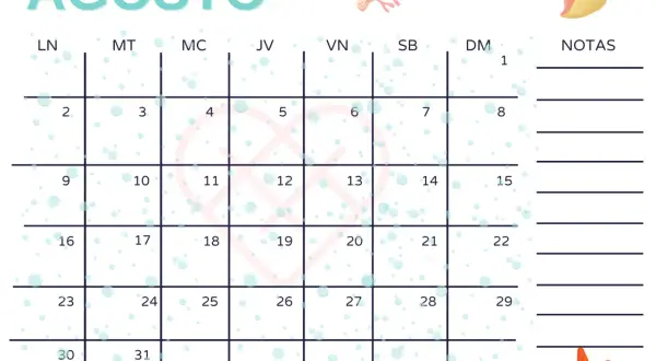 Calendario de agosto con diseño de burbujas y elementos marinos.
