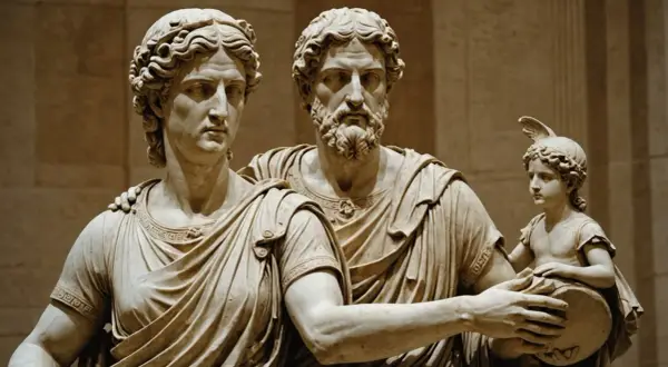Marmorstatuen einer Familie: Mann, Frau und Kind mit Trommel.