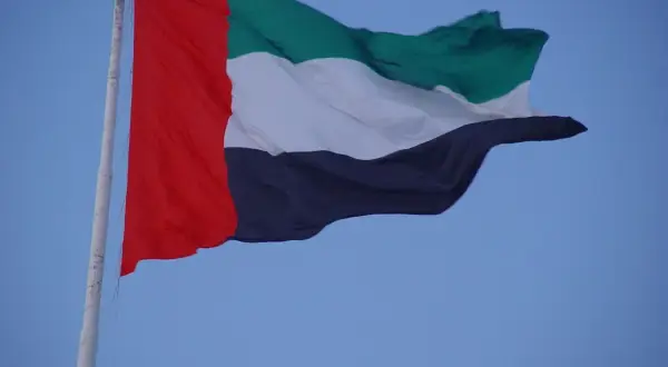 Flaga Zjednoczonych Emiratów Arabskich powiewa na maszcie na tle błękitnego nieba.