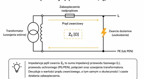 Schemat przedstawia pomiar impedancji pętli zwarcia (Zs). Określa ona prąd zwarciowy i skuteczność zabezpieczeń.
