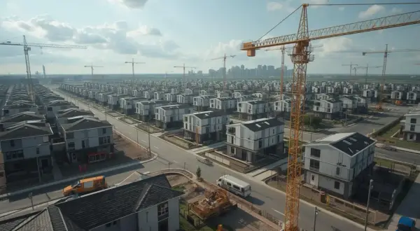 Osiedle domów w budowie, dźwigi budowlane. Czy to inwestycja z fundusz powierniczy co to?