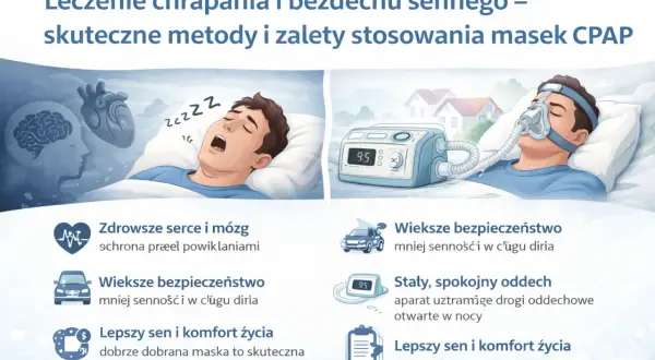 Ilustracja pokazuje leczenie bezdechu sennego za pomocą maski CPAP. Po lewej mężczyzna śpi z otwartymi ustami, po prawej śpi z maską CPAP.