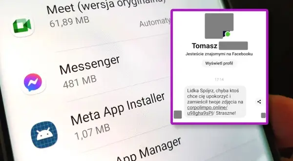 Przechwytywanie wiadomości Messenger: Tomasz ostrzega Lidkę przed upokarzającymi zdjęciami na stronie.