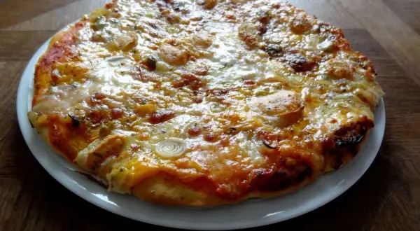Pizza appétissante sur une assiette blanche, garnie de fromage fondu et d'oignons. Une recette facile de pâte levée rapide pour un repas gourmand.