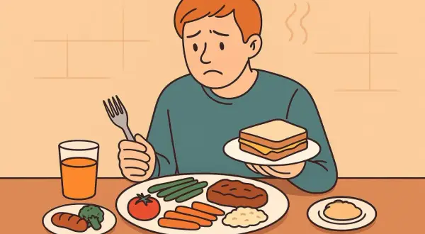 Jongen met autisme kijkt sip naar een bord vol groenten en vlees, terwijl hij een boterham vasthoudt. Eten kan een uitdaging zijn.