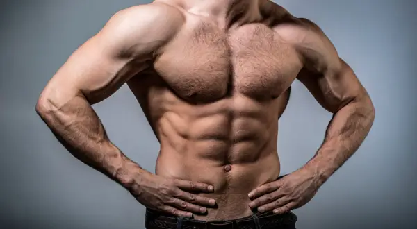 Torso maschile scolpito, con addominali definiti e pettorali possenti. Un esempio di **massa definizione** raggiunta con duro allenamento.