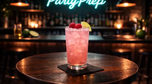 En rosa p2 drink med hallon och lime på ett träbord. Bakom syns en bar med neonskylten "PartyPrep".