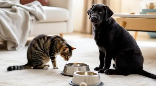 Un chat tigré curieux s'approche d'une gamelle, tandis qu'un jeune chien noir attend patiemment à côté. Une belle amitié chien chat se dessine.