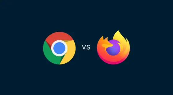 Logo Google Chrome kontra logo Firefox. Dwa popularne przeglądarki internetowe w starciu.