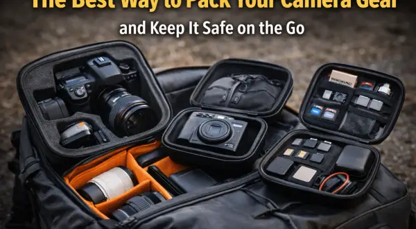 Learn how to pack a camera bag with this organized setup, featuring a DSLR, lenses, a compact camera, and accessories like memory cards and batteries.