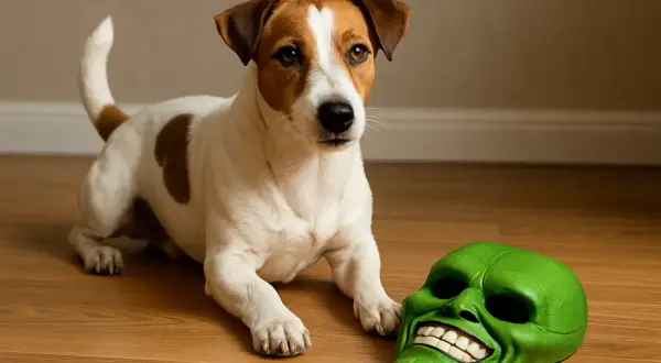 Jack Russell terrier obok zielonej maski. Czyżby ten pies z maski rasa miał zamiar ją założyć?