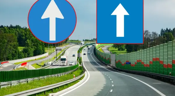 Dwa znaki drogowe: okrągły z białym strzałką w górę i kwadratowy z białą strzałką w górę. Oba wskazują kierunek jazdy prosto.