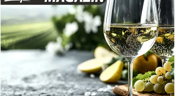 Zwei Gläser Weißwein, vielleicht Riesling trocken oder lieblich, mit Trauben und Obst. Im Hintergrund Weinberge.