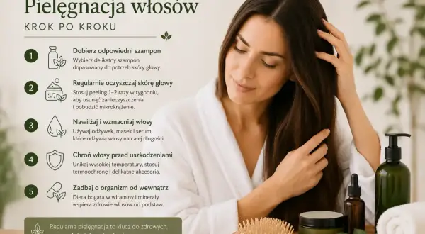 Kobieta wykonuje pielęgnację włosów krok po kroku: dobiera szampon, oczyszcza skórę głowy, nawilża, chroni i dba o organizm od wewnątrz.