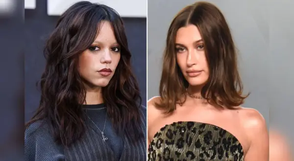 Zwei Frauen mit verschiedenen Haarschnitten: Jenna Ortega mit langen, welligen dunklen Haaren und Hailey Bieber mit schulterlangem, glattem braunem Haar.