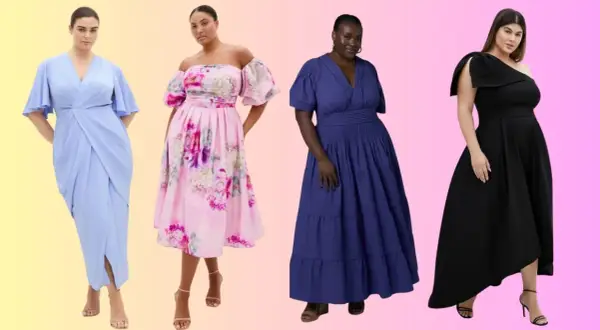 Cztery kobiety plus size w eleganckich sukienkach: błękitnej, w kwiaty, granatowej i czarnej.