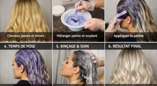 Étapes pour une coloration patine : préparation du mélange, application, pose, rinçage et résultat final avec des cheveux blonds lumineux.