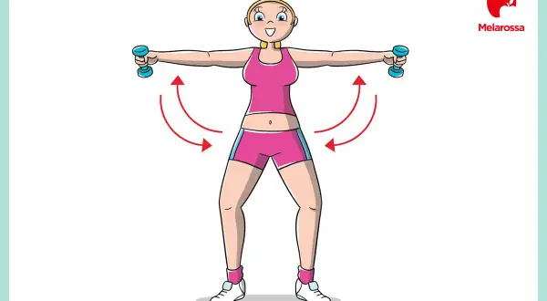 Donna con manubri che esegue un esercizio per i muscoli braccia donne. Movimento circolare con frecce rosse.