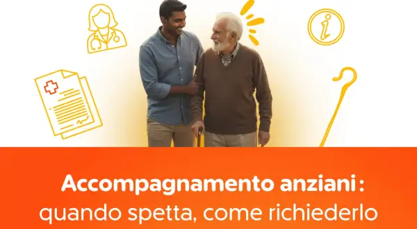 Giovane uomo aiuta un anziano a camminare. Illustrazioni di medico, documenti e bastone da passeggio suggeriscono un accompagnamento anziani senza 104.