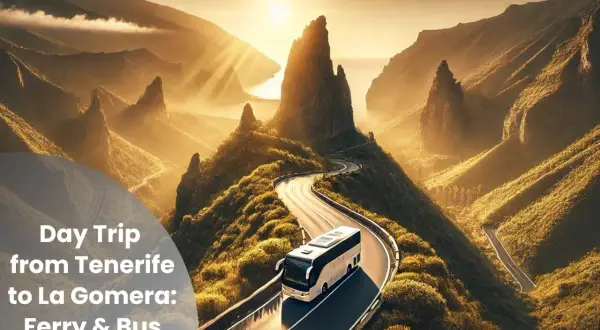 Un viaje en ferry de Tenerife a La Gomera, con un autobús recorriendo una carretera montañosa al atardecer.