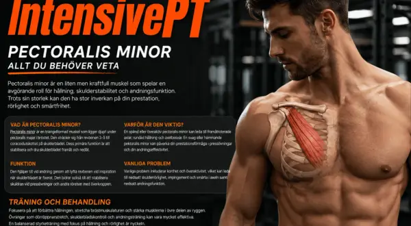 Muskeln pectoralis minor, som kan ge kramp i revbenen, visas på en man. Texten förklarar dess funktion och vikten av träning.