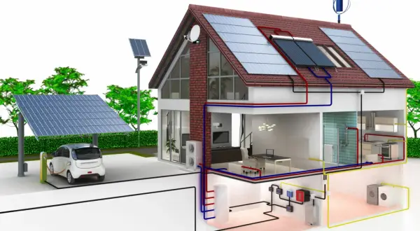 Ein Haus mit Solaranlagen und Elektroauto-Ladestation, das eine energieeffiziente Bauweise demonstriert.