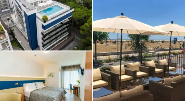 Hotel z basenem na dachu i pokojem blisko plaży w Bibione. Idealne miejsce na wakacje.