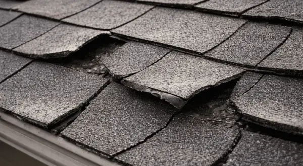 Damaged shingle construction on a roof shows lifted and cracked shingles, revealing the underlayment and potential water damage.