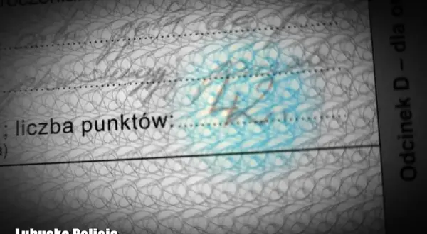 Dokument z pieczątką Lubuskiej Policji, widoczna liczba punktów i tekst "Odcinek D - dla org". Może to być mandat lub inny dokument związany z grzywną.
