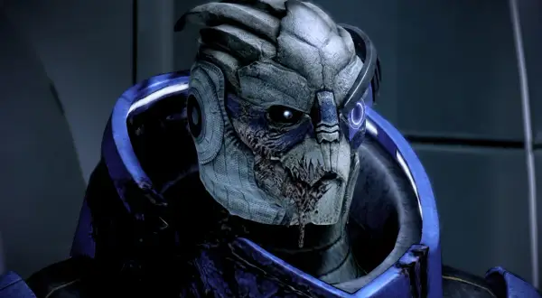 Zbliżenie na twarz Garrusa Vakariana, bohatera Mass Effect 2, który w grze oferuje opcję romansu.
