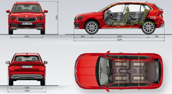 Szczegółowe skoda kamiq wymiary: wysokość 1531 mm, szerokość 1793 mm, długość 4241 mm. Wnętrze oferuje 1051 mm miejsca na nogi z przodu i 1003 mm z tyłu.
