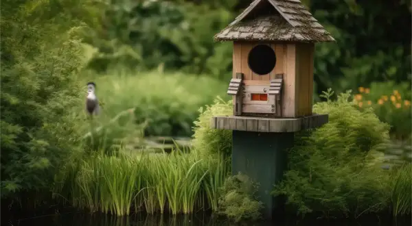 Nichoir en bois près d'une mare écologique, avec un oiseau en arrière-plan.