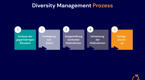 Der Prozess des Diversity Managements: Analyse, Zielsetzung, Maßnahmenplanung, Umsetzung und Erfolgs-Check-up.