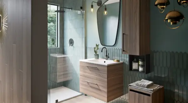 Salle de bain moderne avec douche vitrée, meuble vasque en bois, miroir asymétrique et carrelage vert d'eau. La taille moyenne d'une salle de bain est bien représentée.