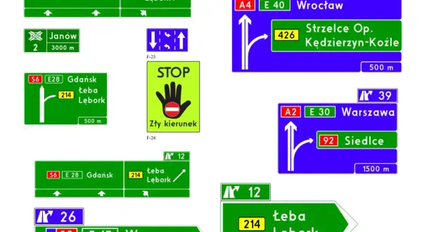 Kolekcja nowych znaków drogowych: kierunkowskazy do Gdańska, Łeby, Wrocławia, Warszawy, a także znak STOP "Zły kierunek".
