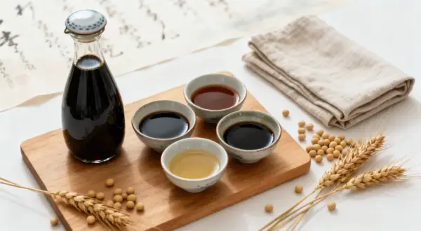 En flaska mörk sojasås och skålar med olika sorters sojasås, omgivna av sojabönor och veteax. Sojasås görs av fermenterade sojabönor.