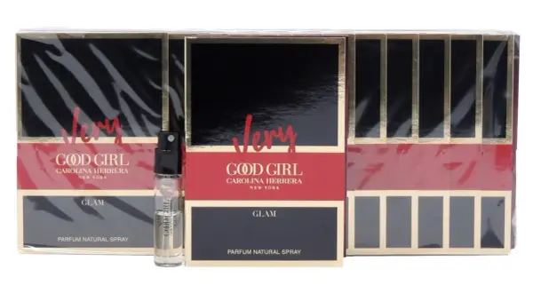 Zestaw próbek perfum Good Girl Carolina Herrera w wersji Glam. Eleganckie opakowania z czarnymi i czerwonymi akcentami.