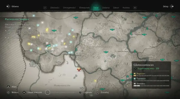 Mapa z gry Assassin's Creed Valhalla. Poradnik pokazuje lokację Glowecestre w regionie Glowecestrescire, gdzie należy odszukać Gunnara.
