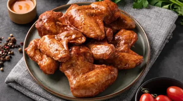 Sabrosas alitas de pollo a la coca cola, glaseadas y doradas, servidas en un plato con salsa y tomates cherry.